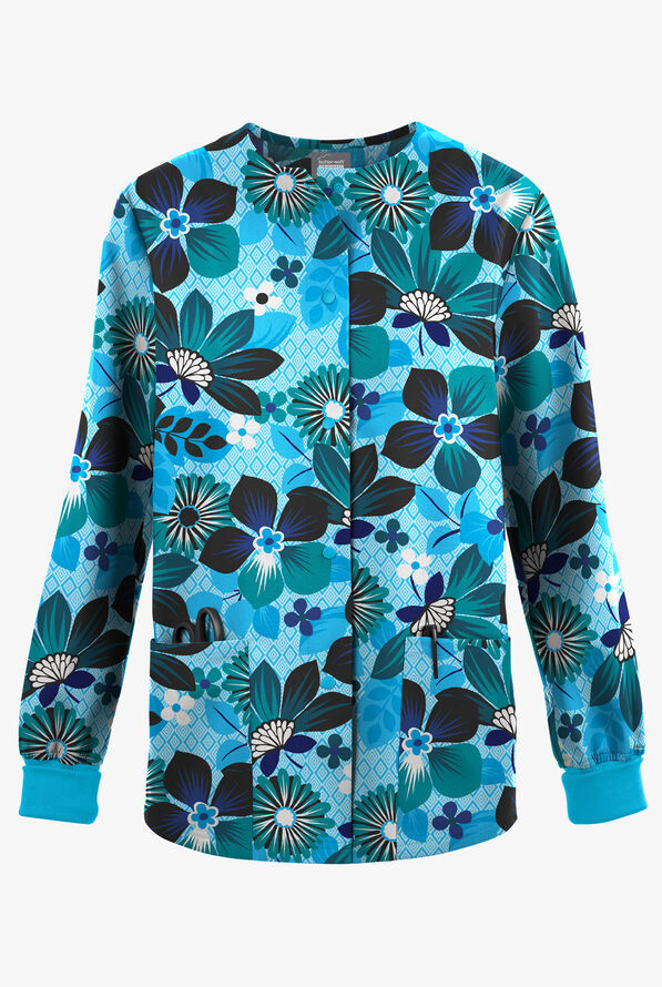 Butter-Soft Originals Maui Floral Turquoise Women's 3-Pocket Snap Front Print Scrub Jacket - null - 1