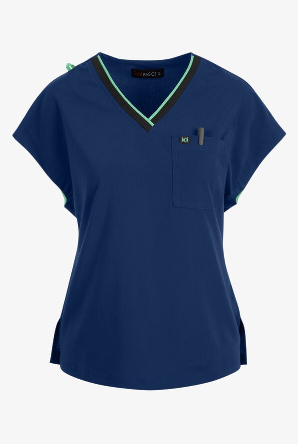koi Basics Mckenna Women's 1-Pocket STRETCH V-Neck Dolman Sleeve Scrub Top - Navy/Jelly Mint - 1