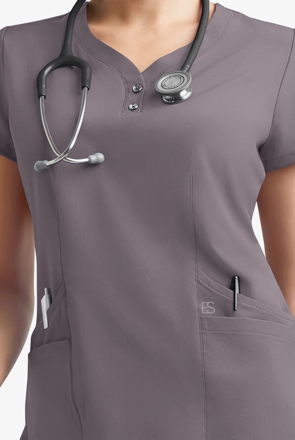 Easy STRETCH Demi Women's 4-Pocket Henley Scrub Top - Grey Stone - 5