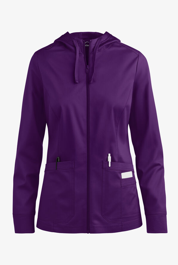 Butter-Soft STRETCH Women's 3-Pocket Zip-Front with Cozy Knit Hood and Trim Scrub Jacket - Eggplant - 1