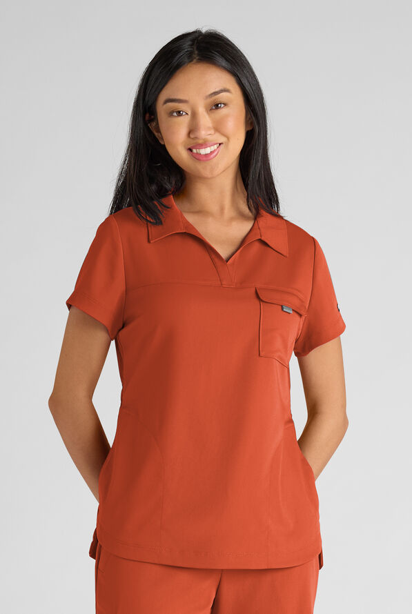 Grey's Anatomy by Barco Emerge Emery Women's 3-Pocket STRETCH Collar V-Neck Scrub Top - Warm Sienna - 1