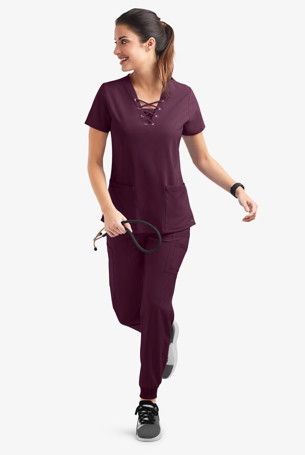 Easy STRETCH Gisele Women's 4-Pocket Lace Up V-Neck Scrub Top - Dark Mulberry - 6