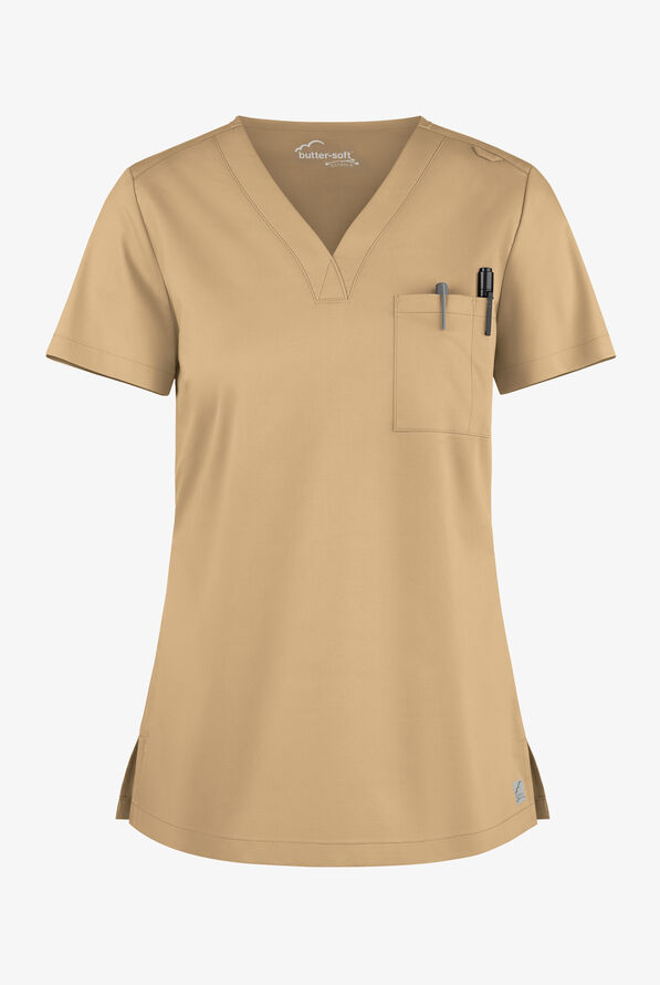 Blusa m&eacute;dica Butter-Soft STRETCH con cuello en V y 2 bolsillos para mujer - Khaki - 1