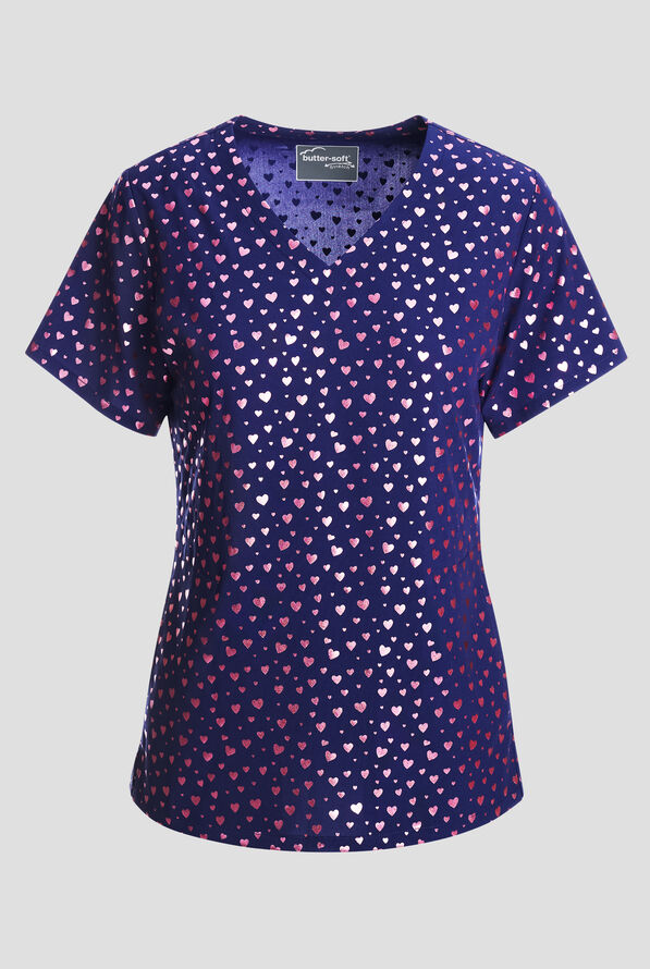 Easy STRETCH Shining Hearts Navy Women's 2-Pocket Tuck In  V-Neck Print Scrub Top - null - 1