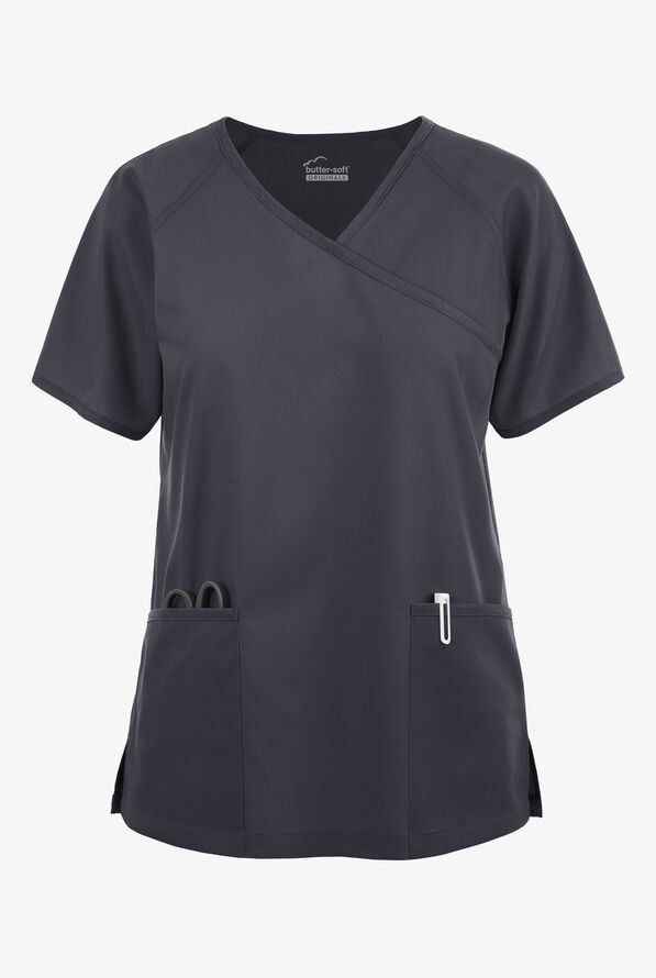 Butter-Soft Originals Women's 3-Pocket Mock Wrap Raglan Sleeve Scrub Top - Pewter - 1
