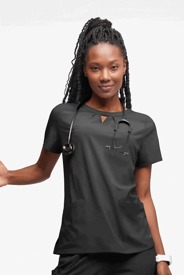Easy STRETCH Salma Women&rsquo;s 3-Pocket Keyhole Neck Scrub Top - Onyx Black - 4