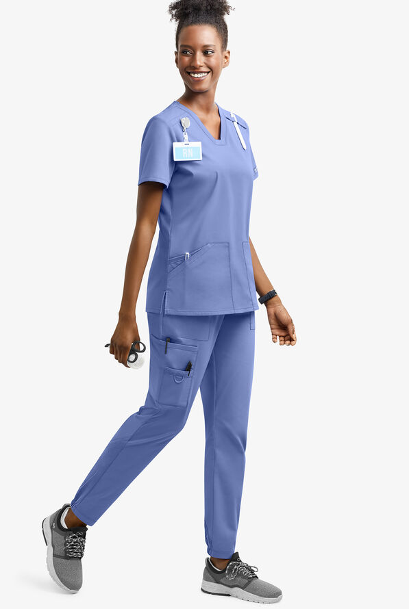 UA Exclusive Cherokee Workwear Professionals Active Women's 6-Pocket STRETCH Half Jogger Scrub Pants - Petite - Ceil Blue - 2