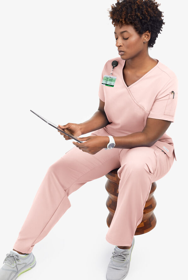 Butter-Soft Women's 5-Pockets Faux Wrap Scrub Top **Slightly IRREGULAR** - Sweet Pink - 7