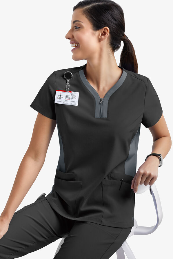 Easy STRETCH Lily Women's 4-Pocket Zip Neck Henley Scrub Top - Onyx Black/Pewter - 3