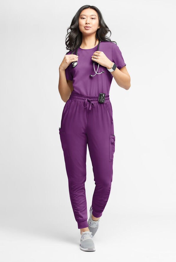 WhisperLite Calla Women's 6-Pocket Ruched Leg Cargo Scrub Pants - Eggplant - 2