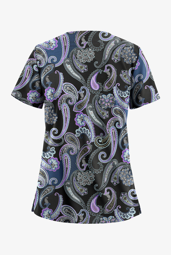 Easy STRETCH Kashmir Paisley Ultraviolet Light Women's 2-Pocket V-Neck Print Scrub Top - null - 2
