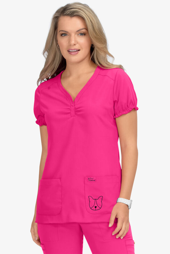 koi Betsey Johnson Blossom Y-Neck Scrub Top - Flamingo - 2