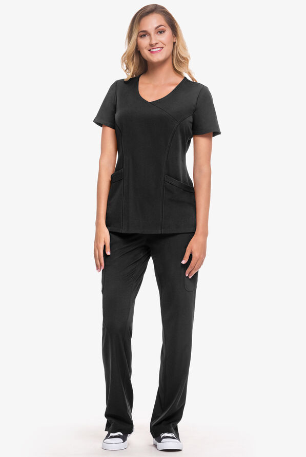 HH Works by Healing Hands Madison Women's 4-Pocket STRETCH Mock Wrap Scrub Top - Black - 2