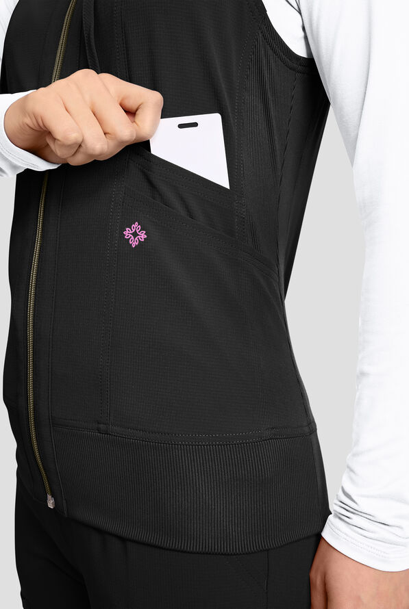 Med Couture Amp Women's 4-Pocket STRETCH Zip Front Removable Hoodie Scrub Vest - Black - 3