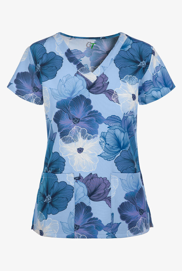 Green Town Blue Lined Floral Women's 3-Pocket STRETCH V-Neck Print Scrub Top - null - 1