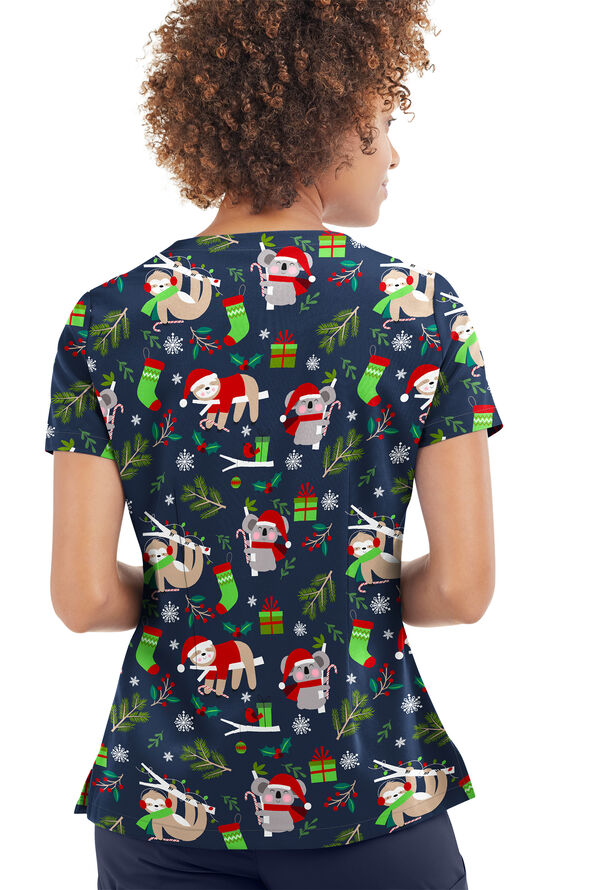 Strictly Scrubs STRETCH Sleepy Holiday Navy Women's 2-Pocket Keyhole V Neck Print Scrub Top - null - 2