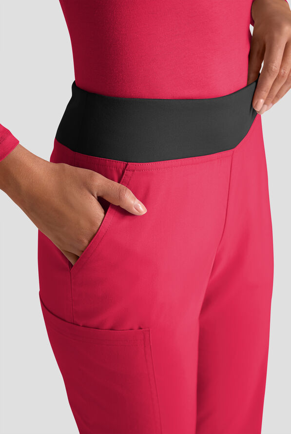 Butter-Soft STRETCH Women's 4-Pocket Knit Waistband Yoga Scrub Pants - Tall - Ruby/Black - 5