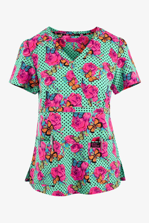 Betsey Johnson Polka Floral and Butterflies Women's 2-Pocket STRETCH Mock Wrap Print Scrub Top - null - 1
