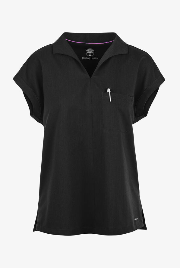 Healing Hands Purple Label Women's 1-Pocket STRETCH Dolman Sleeve Notch Collar Scrub Top - Black - 1
