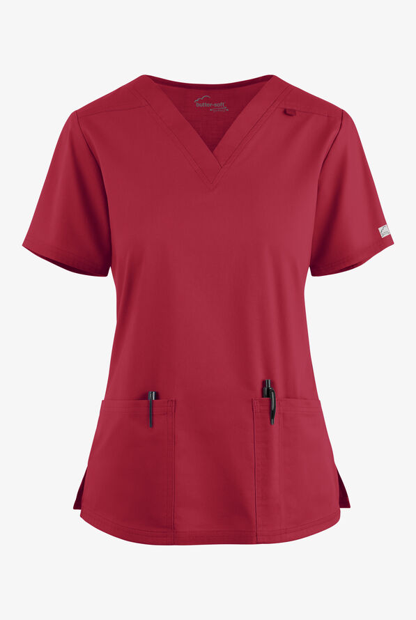 Butter-Soft STRETCH Women's 4-Pocket V-Neck Scrub Top - Ruby - 1