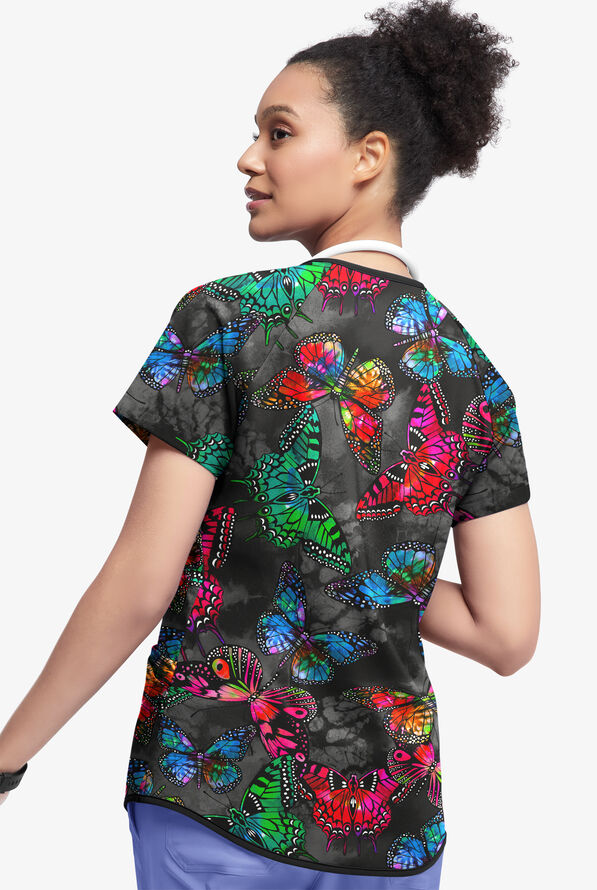 Tafford Active STRETCH Butterfly Oasis Onyx Women's 4-Pocket V-Neck Mock Wrap Print Scrub Top - null - 2