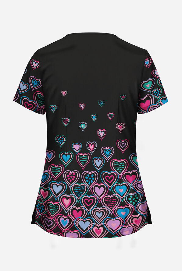 Butter-Soft STRETCH Bright Hearts Black Printed Women's 2-Angled Welt Pocket V-Neck Print Scrub Top - null - 2