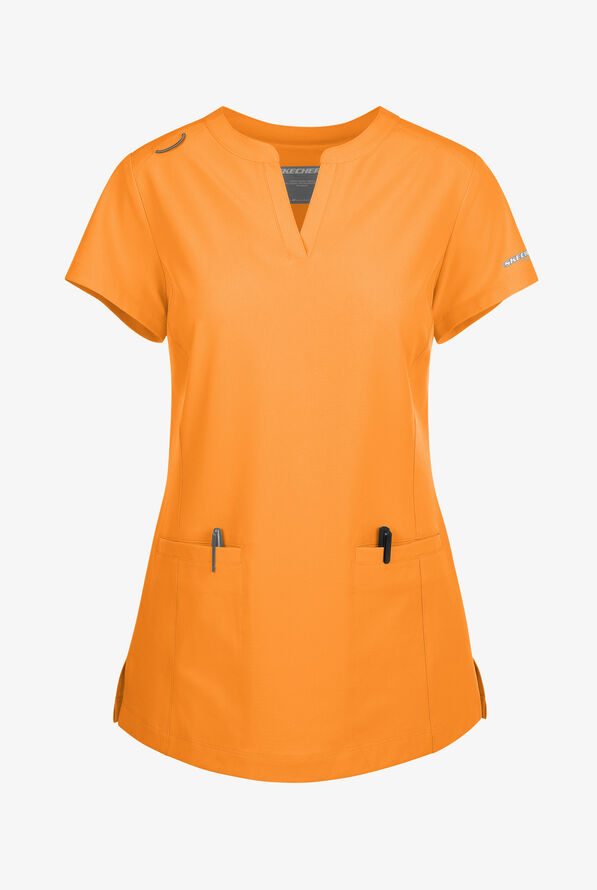 Skechers by Barco Coast Women's 2-Pocket STRETCH Banded Collar V-Placket Scrub Top - Bright Marigold - 1