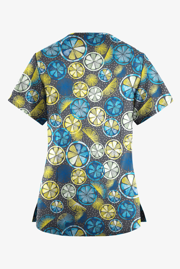 Butter-Soft Originals Citrus Slice Pewter Women's 4-Pocket Rounded V-Neck Print Scrub Top - null - 2
