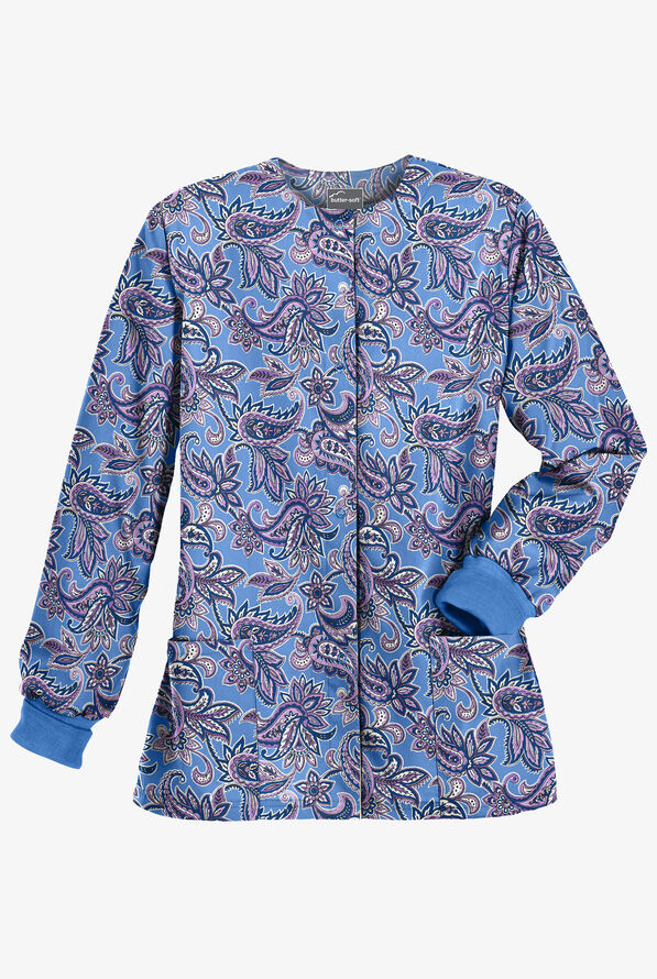 Butter-Soft Baku Paisley Ceil Women's 2-Pocket Warm Up Print Scrub Jacket - null - 1