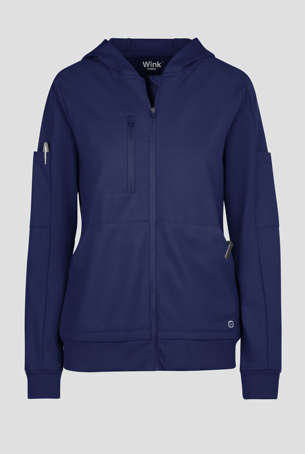 Wink Renew Knit Women's 4-Pocket STRETCH Front Zip Scrub Hoodie Jacket - Navy - 1