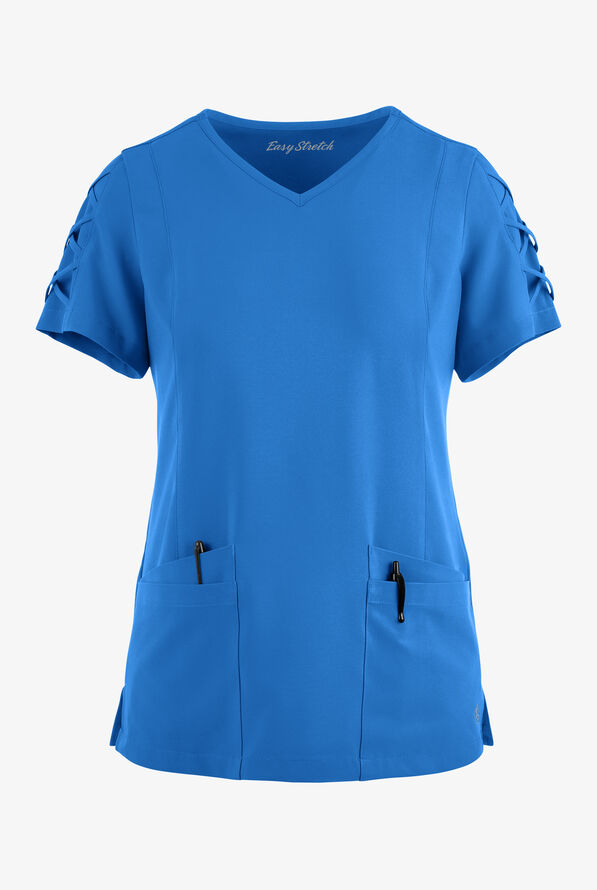 Easy STRETCH Kylie Woman's 5 Pocket V-Neck With Criss-Cross Detail Scrub Top - Cerulean - 1