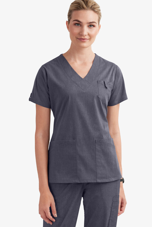 Butter-Soft STRETCH Women's 6-Pocket V-Neck Scrub Top - Indigo Denim - 2