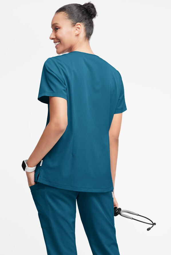 WhisperLite Dahlia Women's 4-Pocket Stretch Notched Neck Scrub Top - Caribbean Blue - 2
