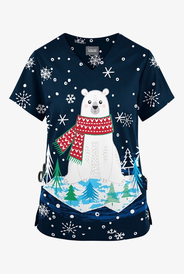 Blusa médica estampada Butter-Soft Originals Nordic Christmas Navy con cuello en V y 2 bolsillos para mujer - null - 1