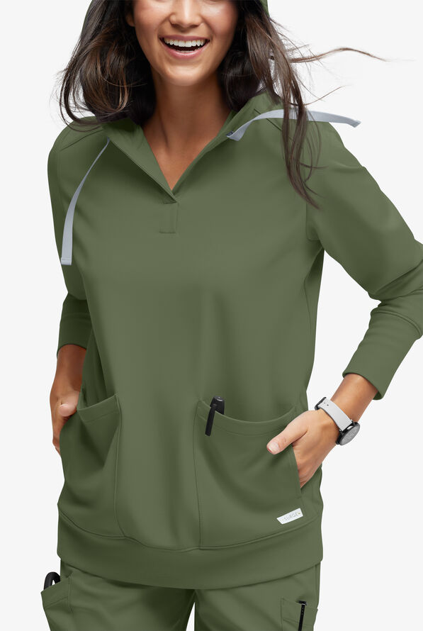 Sudadera médica con capucha ReSurge Jasper con mangas largas y 4 bolsillos para mujer - Light Olive - 3