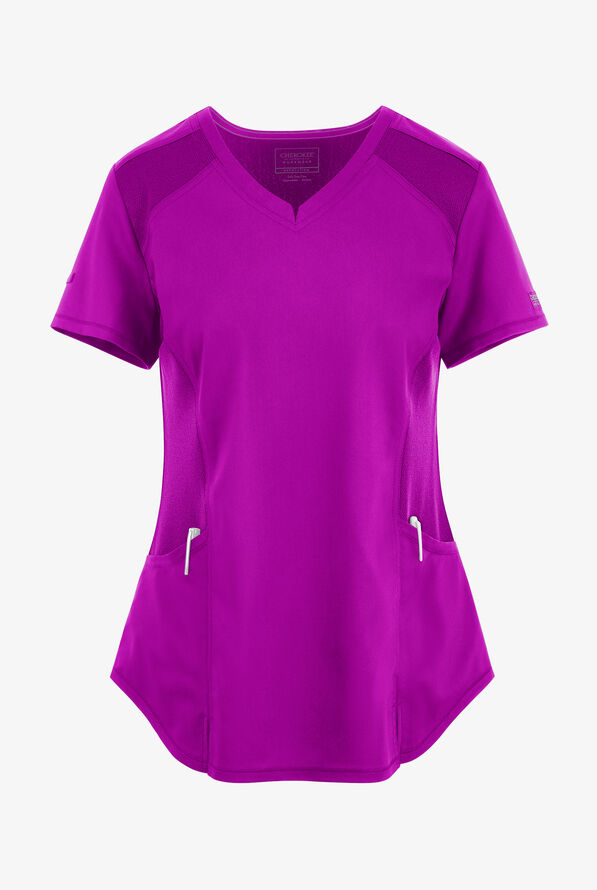 UA Exclusive Cherokee Workwear Revolution Women's 2-Pocket STRETCH Mesh Trim V-Neck Scrub Top - Pink Azalea - 1