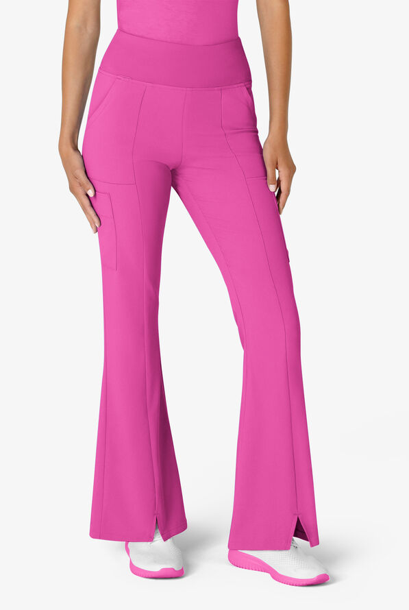 Wink Renew Women's 7-Pocket STRETCH Yoga Waist Flare Notch Leg Cargo Scrub Pants - Raspberry - 1