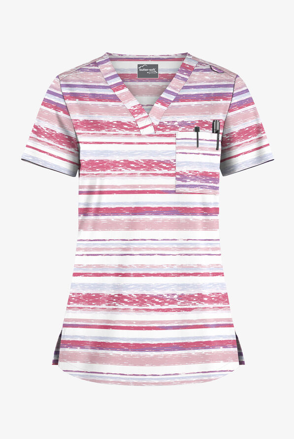 Butter-Soft STRETCH Shockwave White Women's 1-Pocket Tuck-In V-Neck Print Scrub Top - null - 1