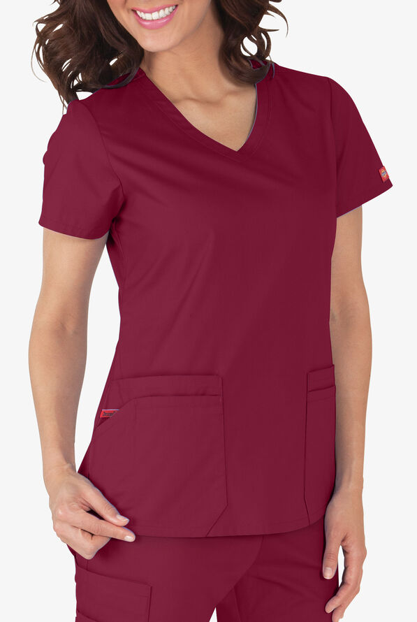 Dickies EDS Signature Women's 6-Pocket Contemporary Fit V-Neck Scrub Top - Wine - 4