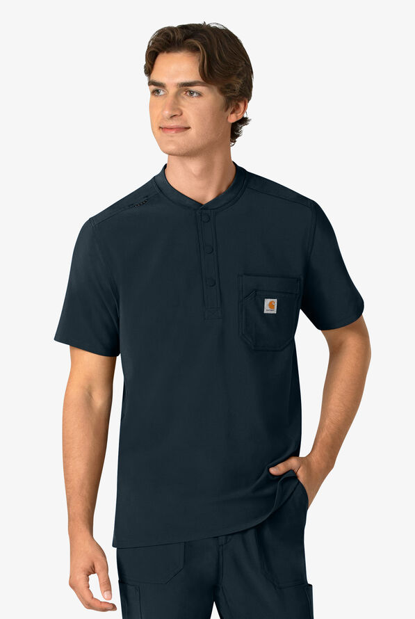 Carhartt Cross-Flex Men's 3-Pocket STRETCH Zip Pocket Henley Banded Collar Scrub Top - Navy - 2