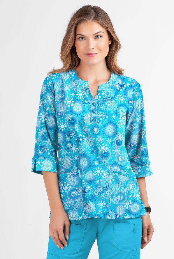 Butter-Soft Dazzling Snowflakes Turquoise Women's 2-Pocket Round Neckline Print Scrub Top - null - 2