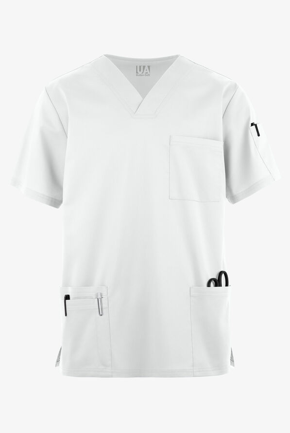 Butter-Soft STRETCH Men's 6-Pocket V-Neck Scrub Top - White - 1