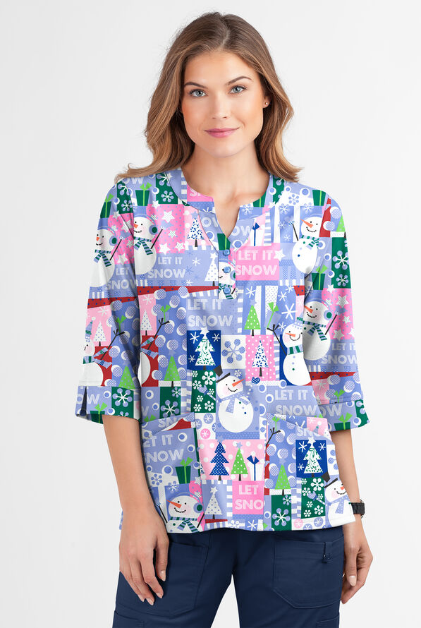 Butter-Soft Joyful Snowman Women's 2-Pocket Round Neckline Print Scrub Top - null - 2