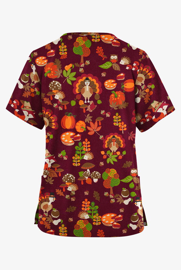Butter-Soft Originals Friendly Thanksgiving Wine Women's 2-Pocket Classic Fit V-Neck Print Scrub Top - null - 2