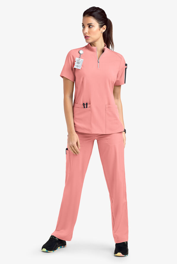 Blusa médica Easy STRETCH Jen con cremallera en el cuello y 4 bolsillos para mujer - Autumn Coral - 2