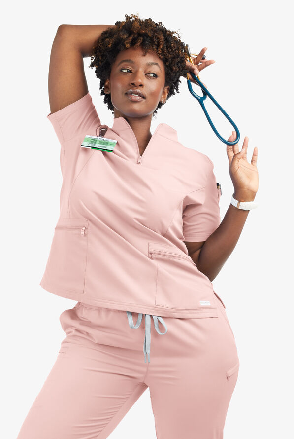 Butter-Soft Women's 5-Pocket Zipper Neck Short Sleeve Scrub Top **Slightly IRREGULAR** - Sweet Pink - 8