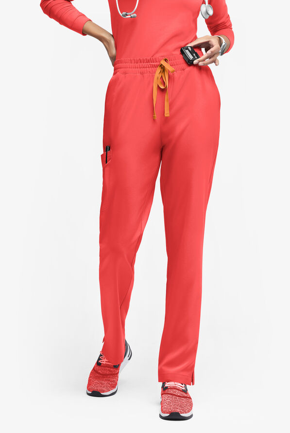 Easy STRETCH Naya Women’s Natural Waist 6-Pocket Straight Leg Scrub Pants - Petite - Radiant Red/Apricot Crush - 1