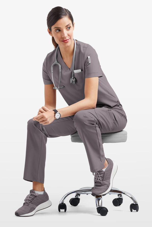 Easy STRETCH Chloe Women's 3-Pocket V-Neck Tuck-In Scrub Top - Grey Stone - 6
