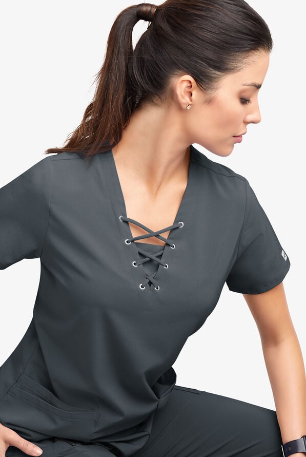 Easy STRETCH Gisele Women's 4-Pocket Lace Up V-Neck Scrub Top - Pewter - 5