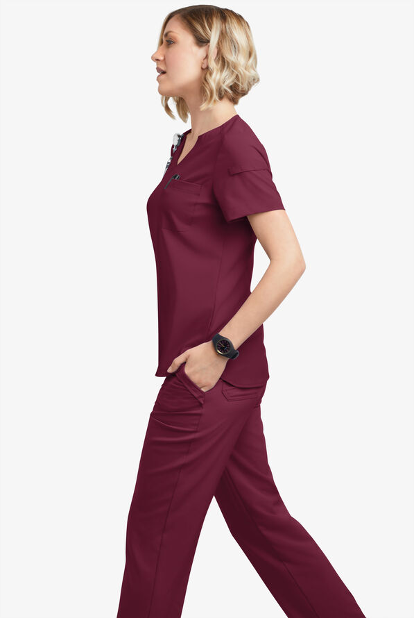 Easy STRETCH Nikki Women's 1-Pocket Scallop Neck Tuck-In Scrub Top - Wine - 5